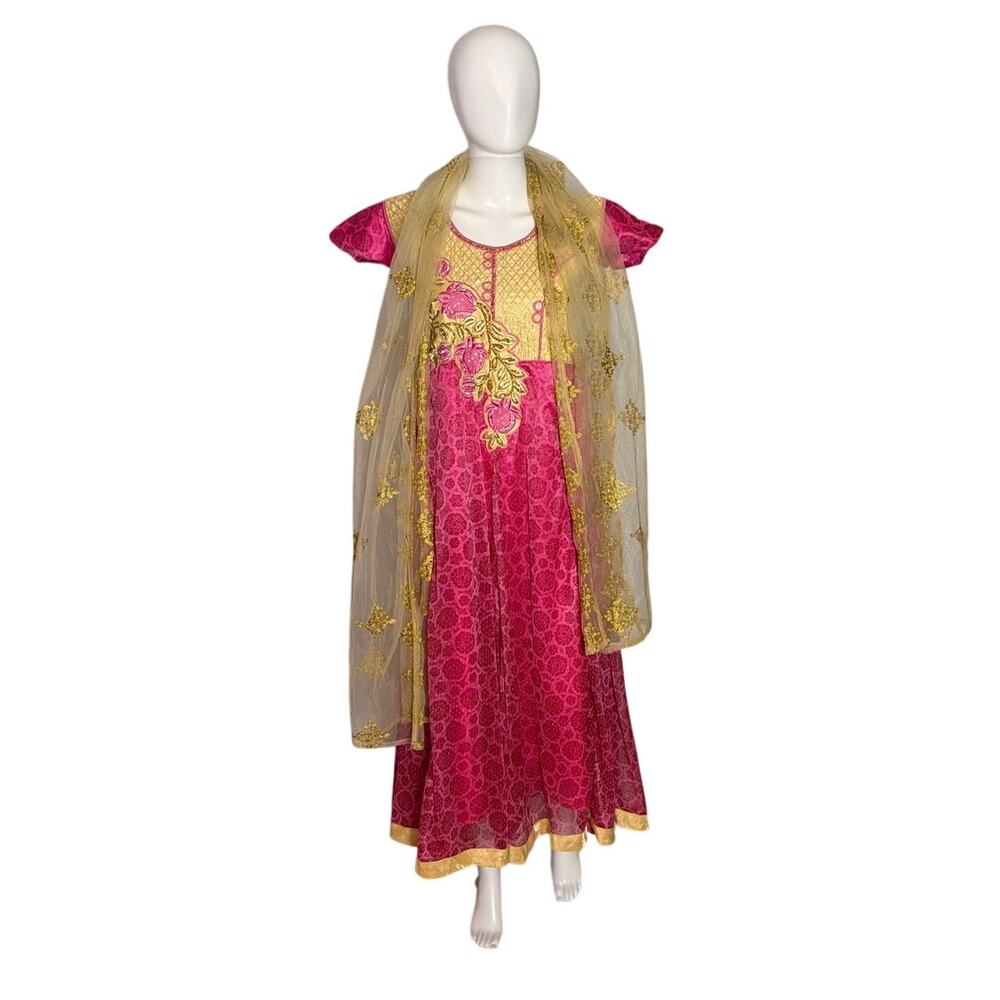 Woman Pink Gold Anarkali Dress Dupatta Suit Set Size 40 L Embroidered Gown